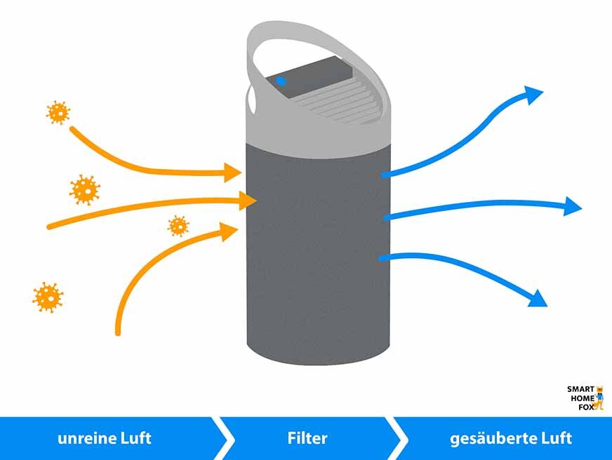 Man sieht  eine Grafik, wie Luft in einen Filter eingesogen wird und wieder austritt.